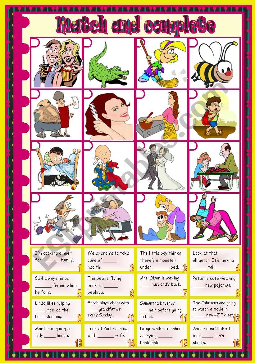 Match and Complete: possessive adjectives â€¢ 2 tasks â€¢ teacherâ€™s handout with keys â€¢ B&W version â€¢ 3 pages â€¢ fully editable