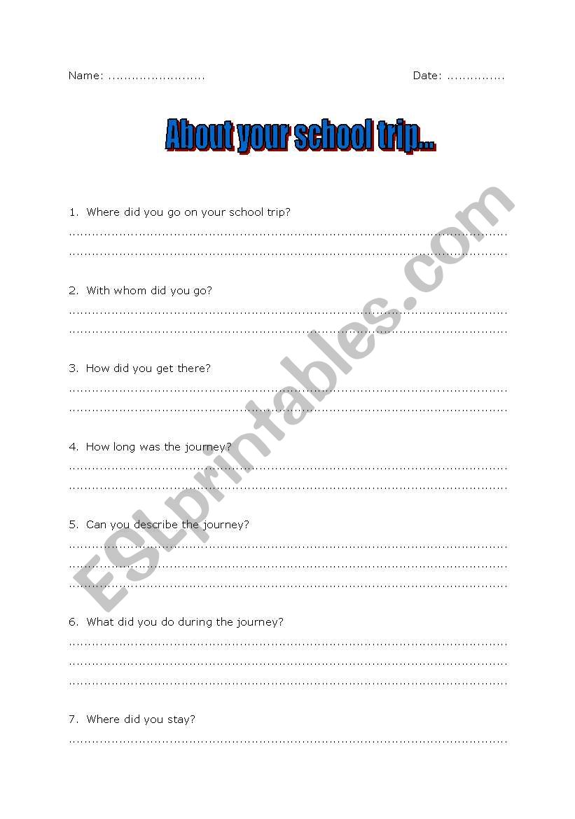 About your school trip worksheet