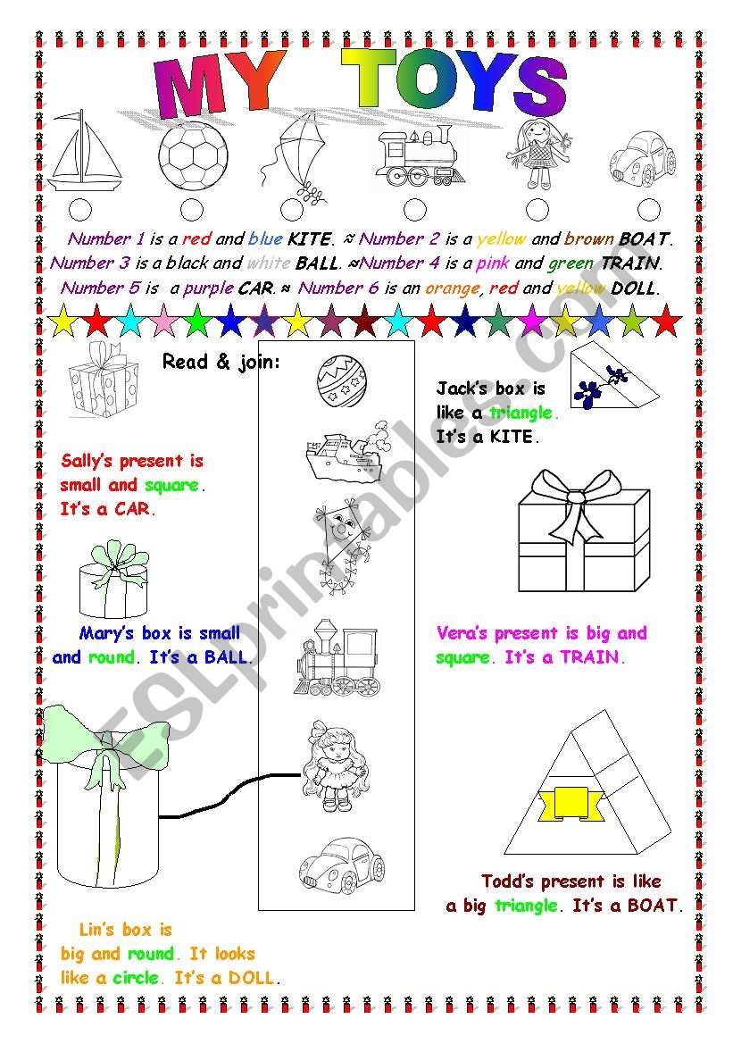 Toys, shapes and colours worksheet