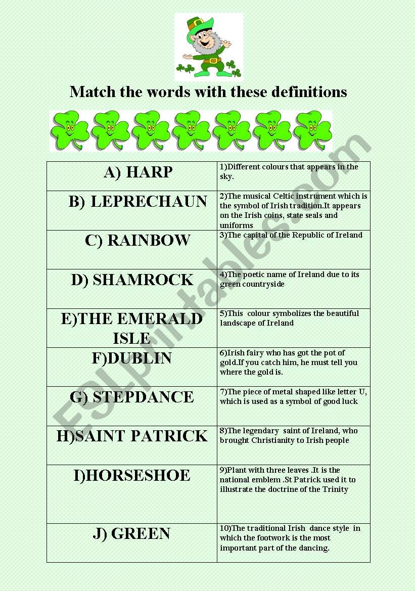 St Patrick s day symbols matching exercise