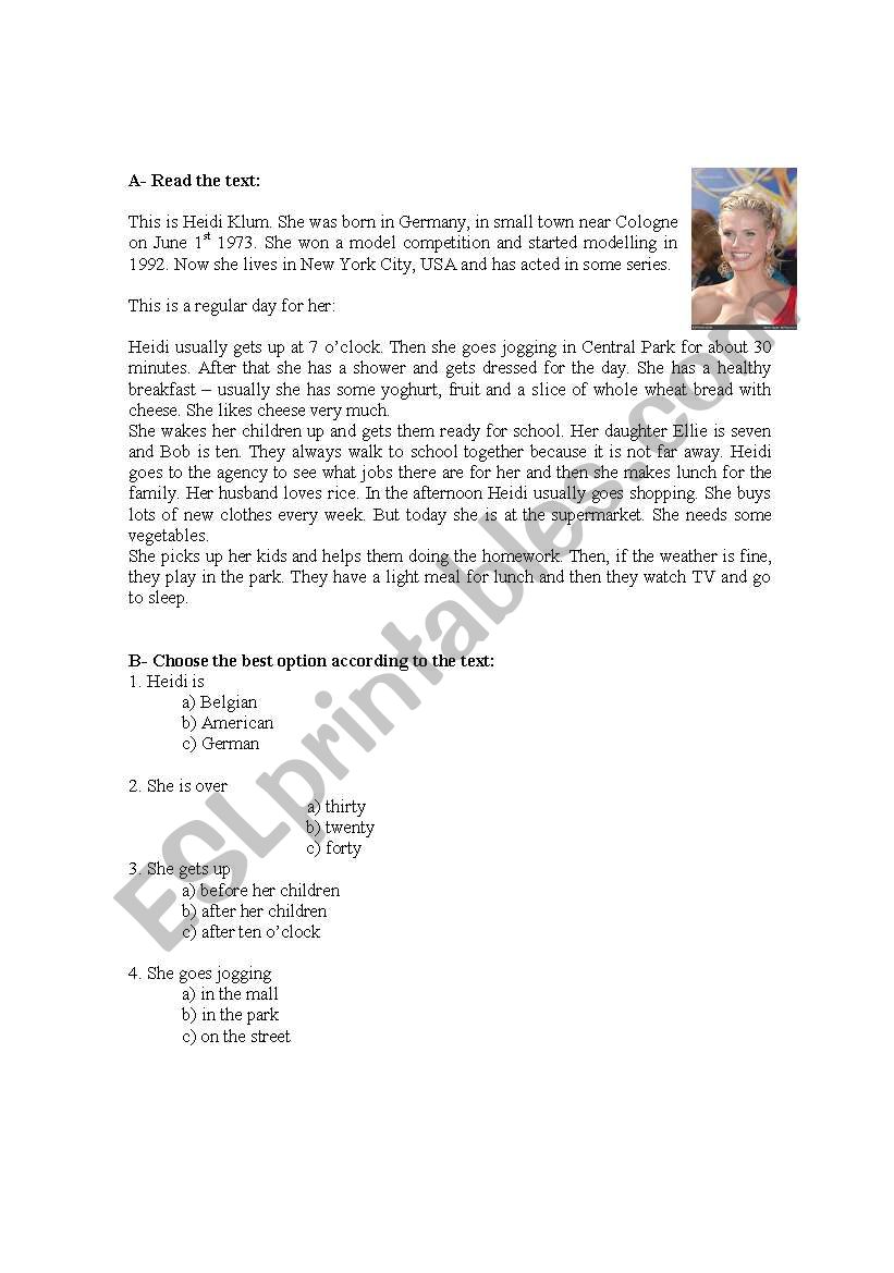 Heidi Klum daily routine worksheet