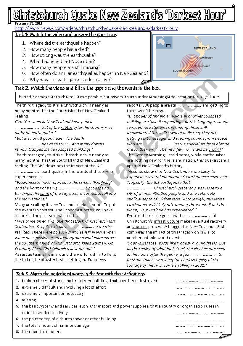 New Zealand quake worksheet