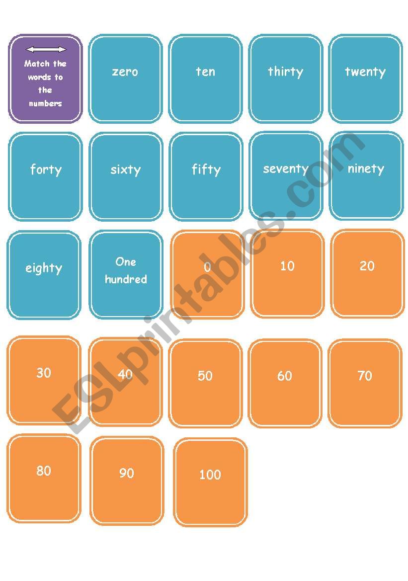 Numbers 0 - 100 :: match-up game or mini flashcards