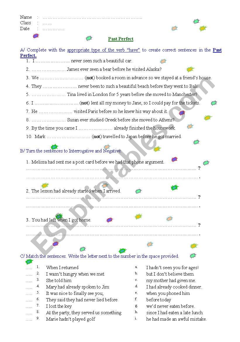 Past Perfect worksheet