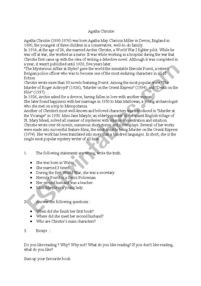 Agatha ChristieÂ´s life worksheet