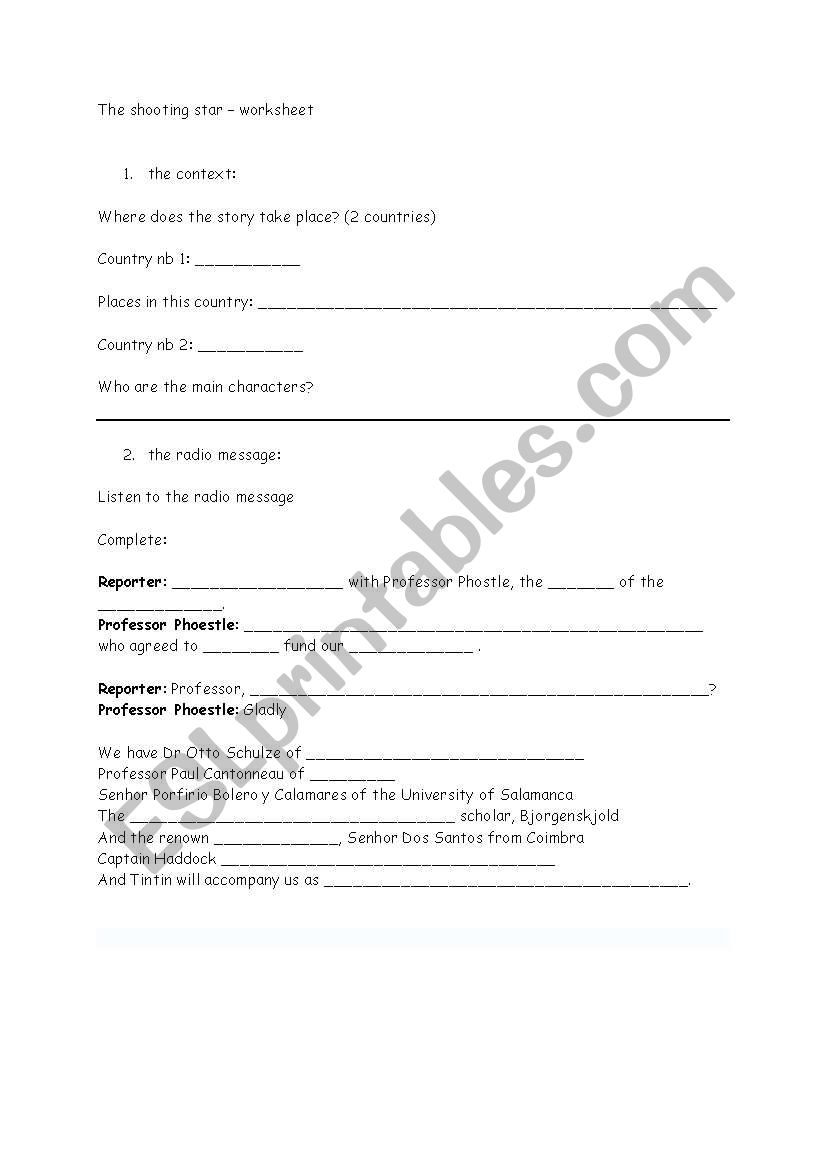 the shooting star worksheet