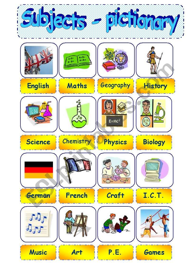 school subjects - Part 1 = pictionary - editable