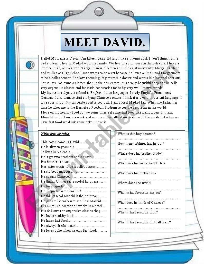 Meet David. Reading comprehension.
