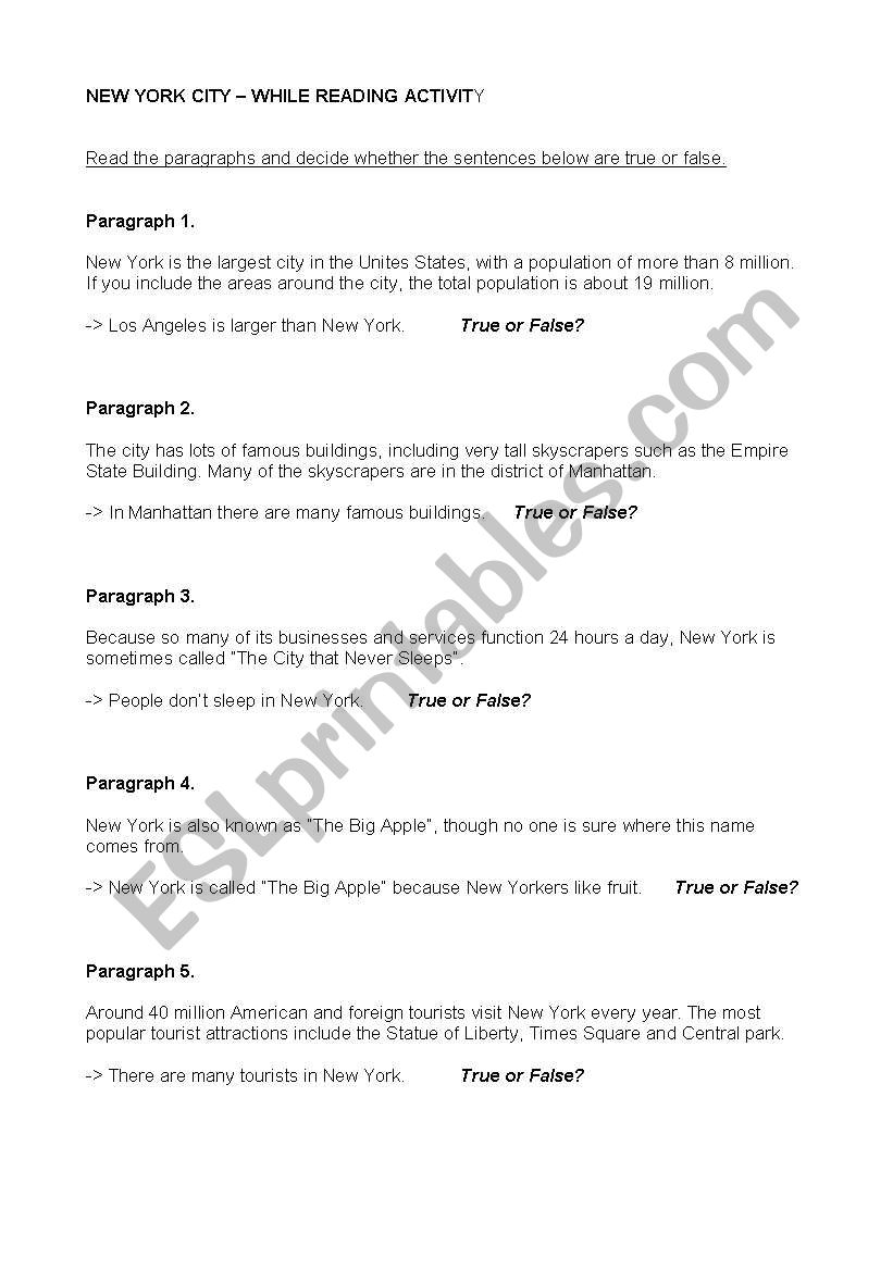 New York, true or false? worksheet