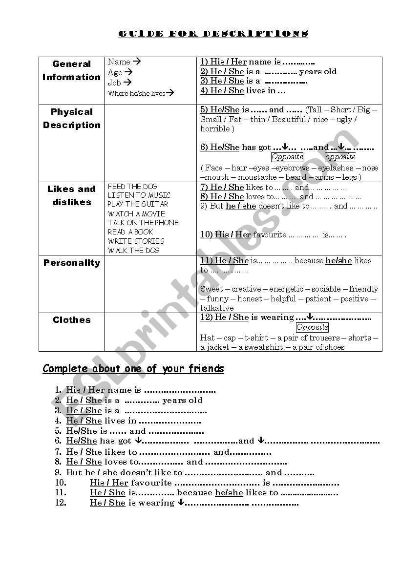 Guide to write descritions worksheet