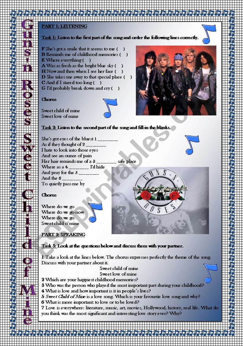 Gunsn Roses Sweet Child of Mine-LISTENING and SPEAKING activities. Key included