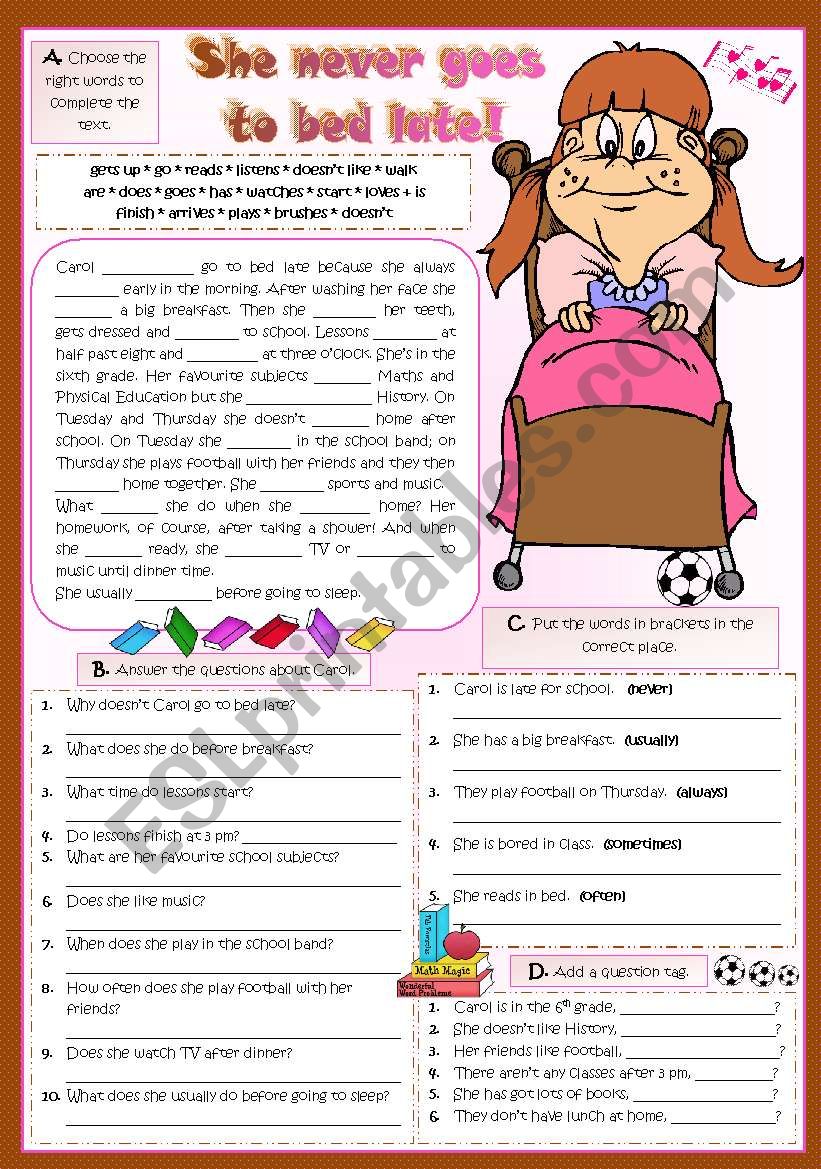She never goes to bed late! worksheet