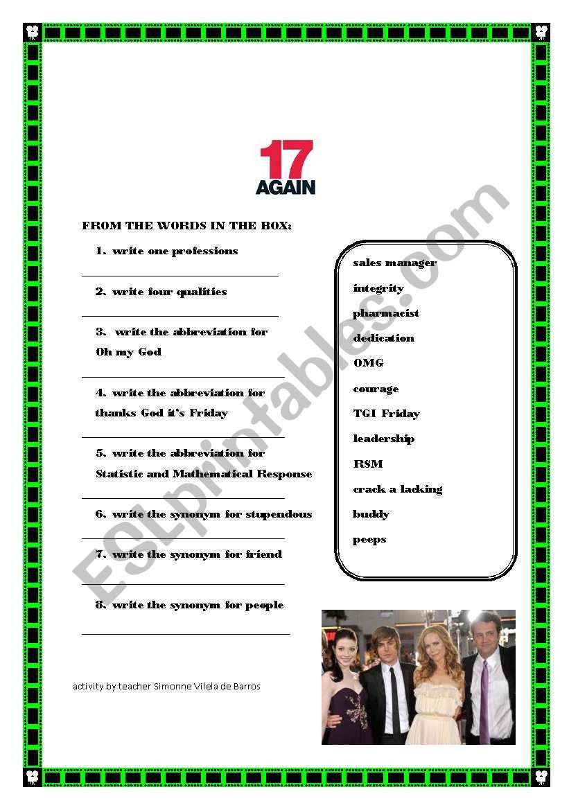 17 again worksheet