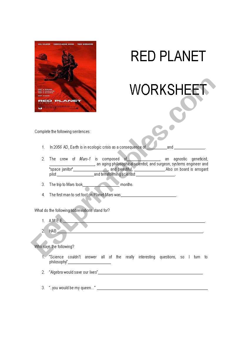 Red Planet (film) - Worksheet worksheet