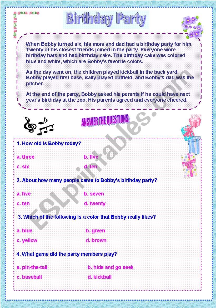 birthday party worksheet