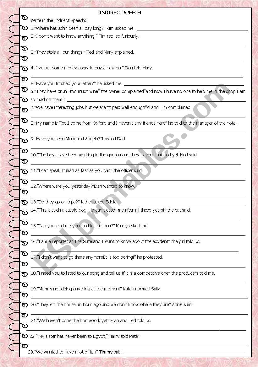 indirect speech 3 worksheet