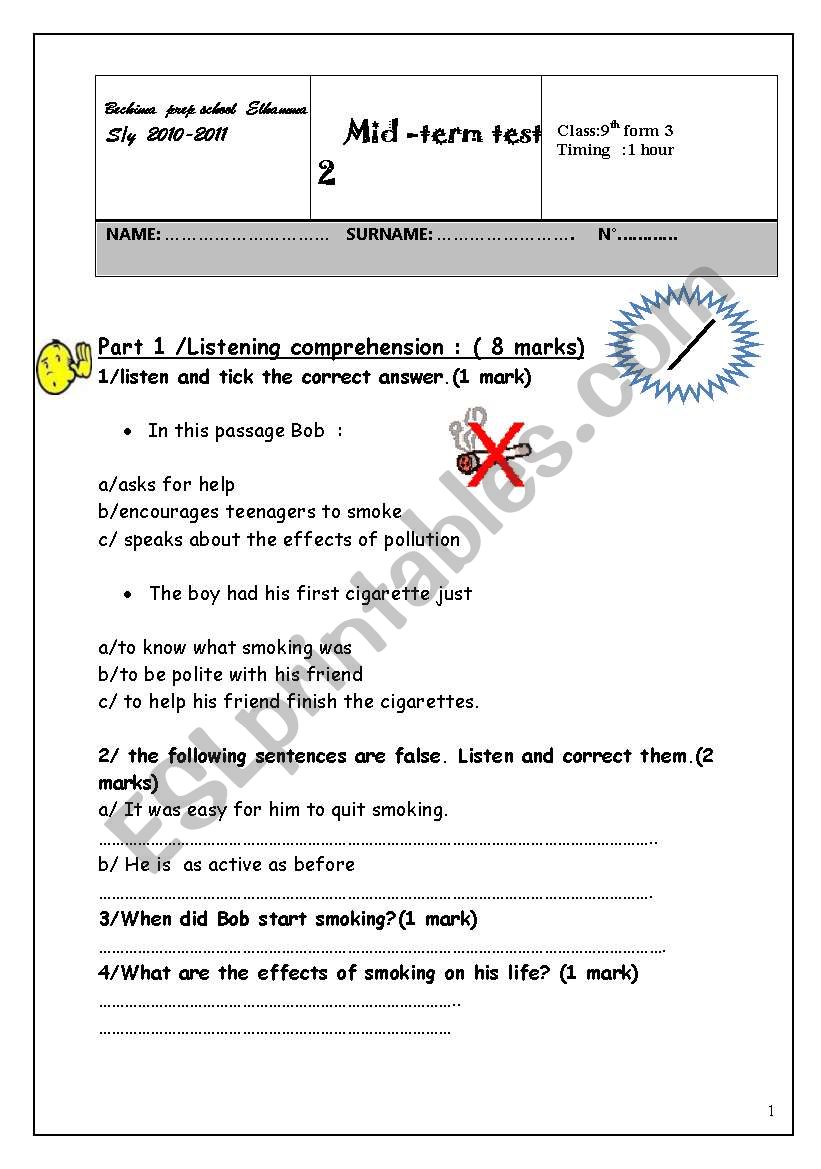 9th form test worksheet