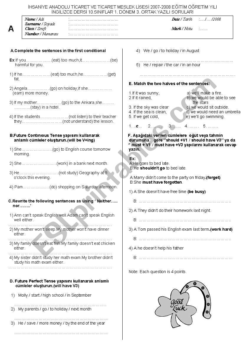 10. SINIF YAZILI SORULARI worksheet