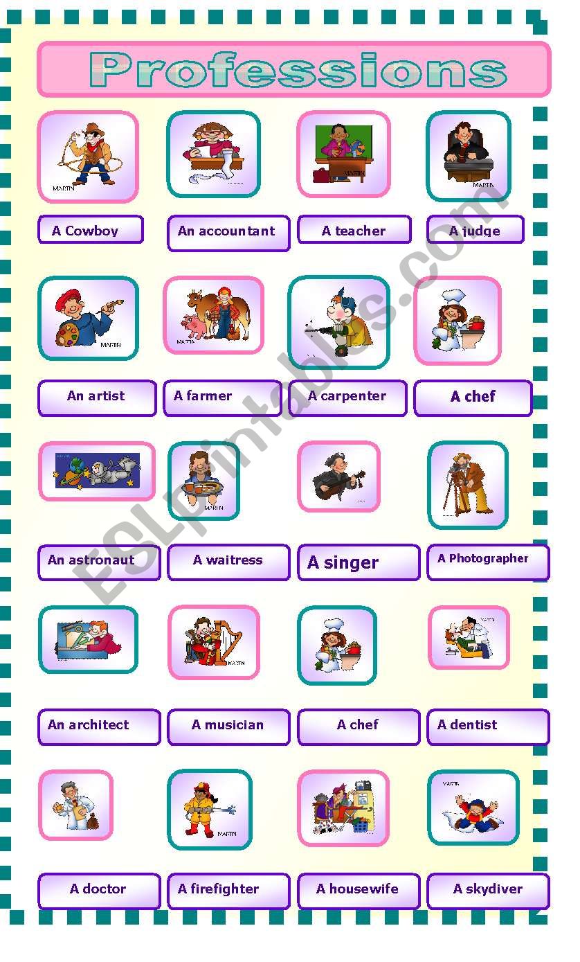 Profession pictionary to accompany the two profession worksheets 