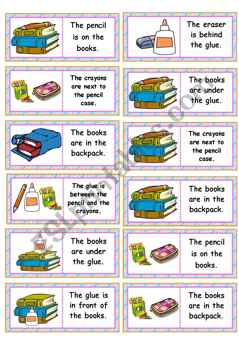 Dominoes: school objects  prepositions  28 dominoes  7 school objects and prepositions  editable