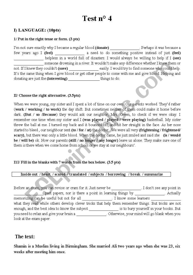 test n3 for 1rst year pupils :language tasks about blood donation,working mothers,revision +  reading comprehention about love+writing about friendship + internet addict