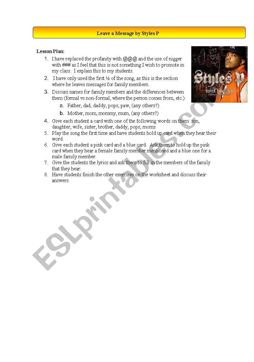 Leave a Message by  Styles P worksheet