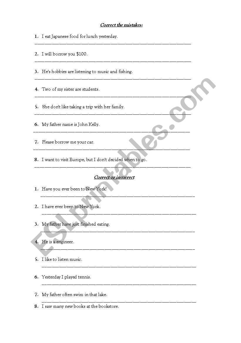 Correct the mistakes worksheet