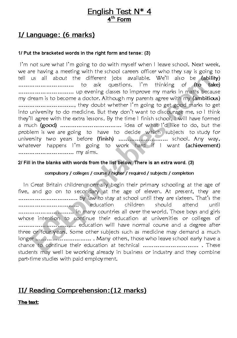 tes n4 for bac pupils :reading comprehension +language +writing about  education and online learning /test n 4 for  3 rd year pupils reading comprehension about  diseases and medecine + language and writing tasks about holidays and tourism