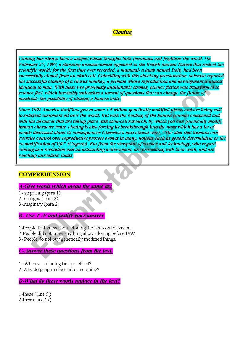 Cloning worksheet