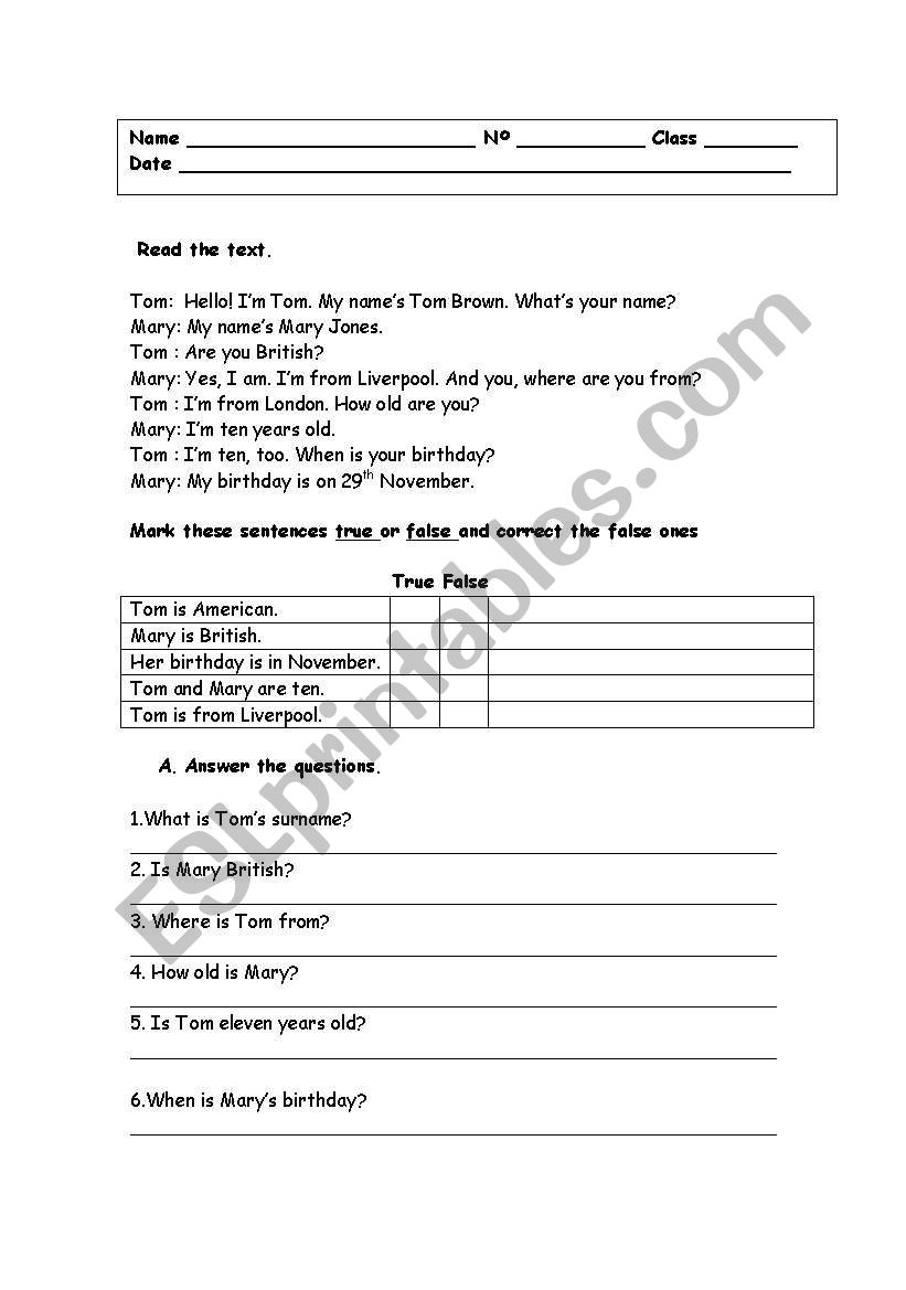 test your english worksheet