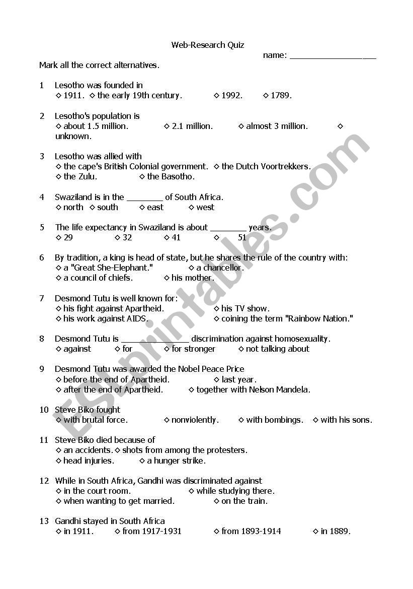 South Africa Wikipedia Quiz worksheet