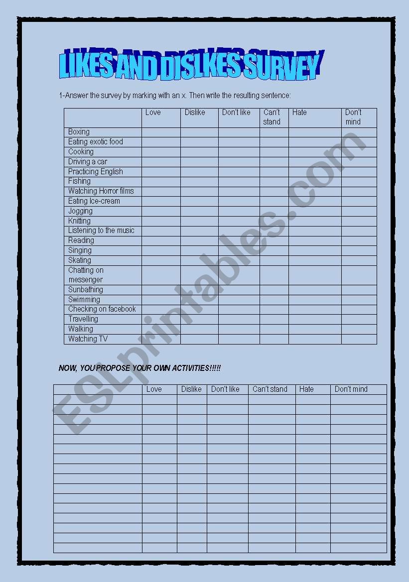 LIKES AND DISLIKES SURVEY worksheet