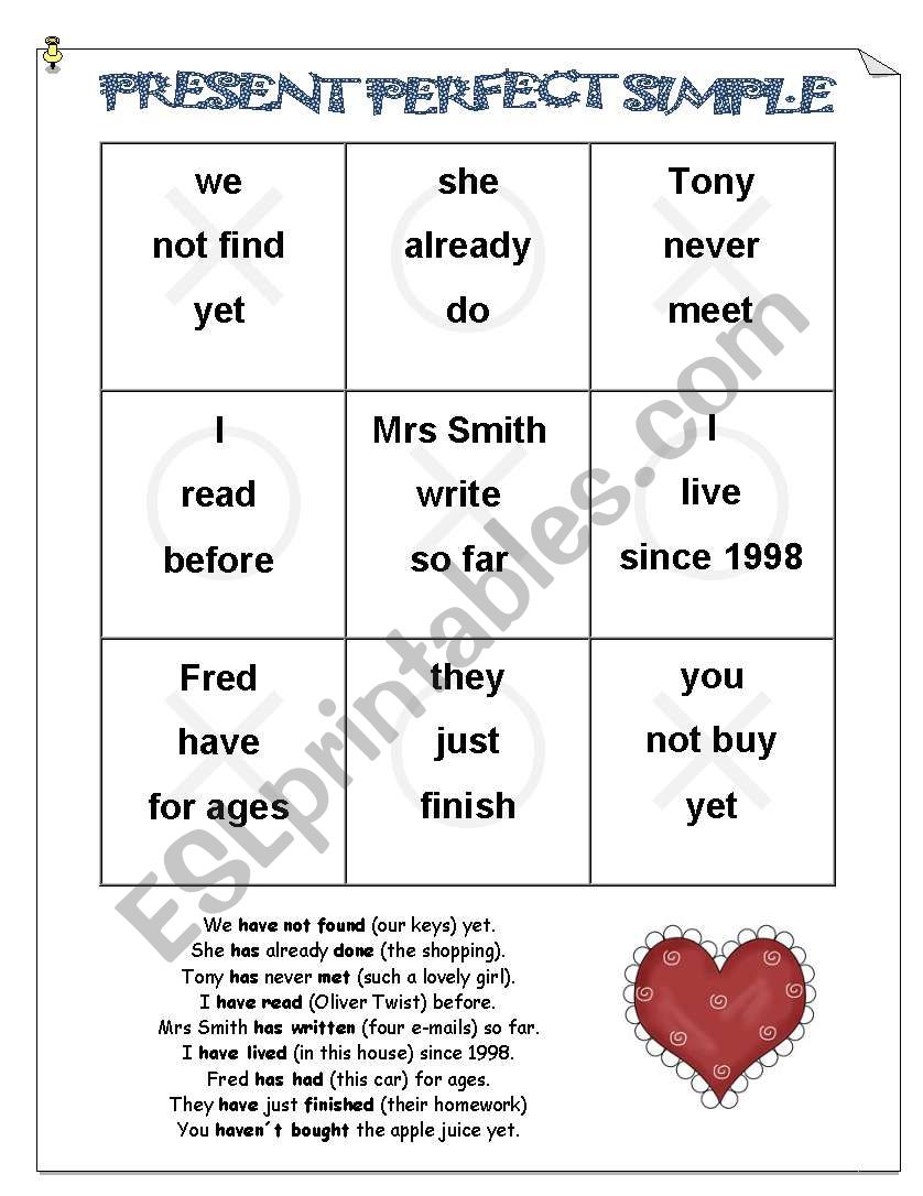 TIC TAC TOE - Present Perfect Simple