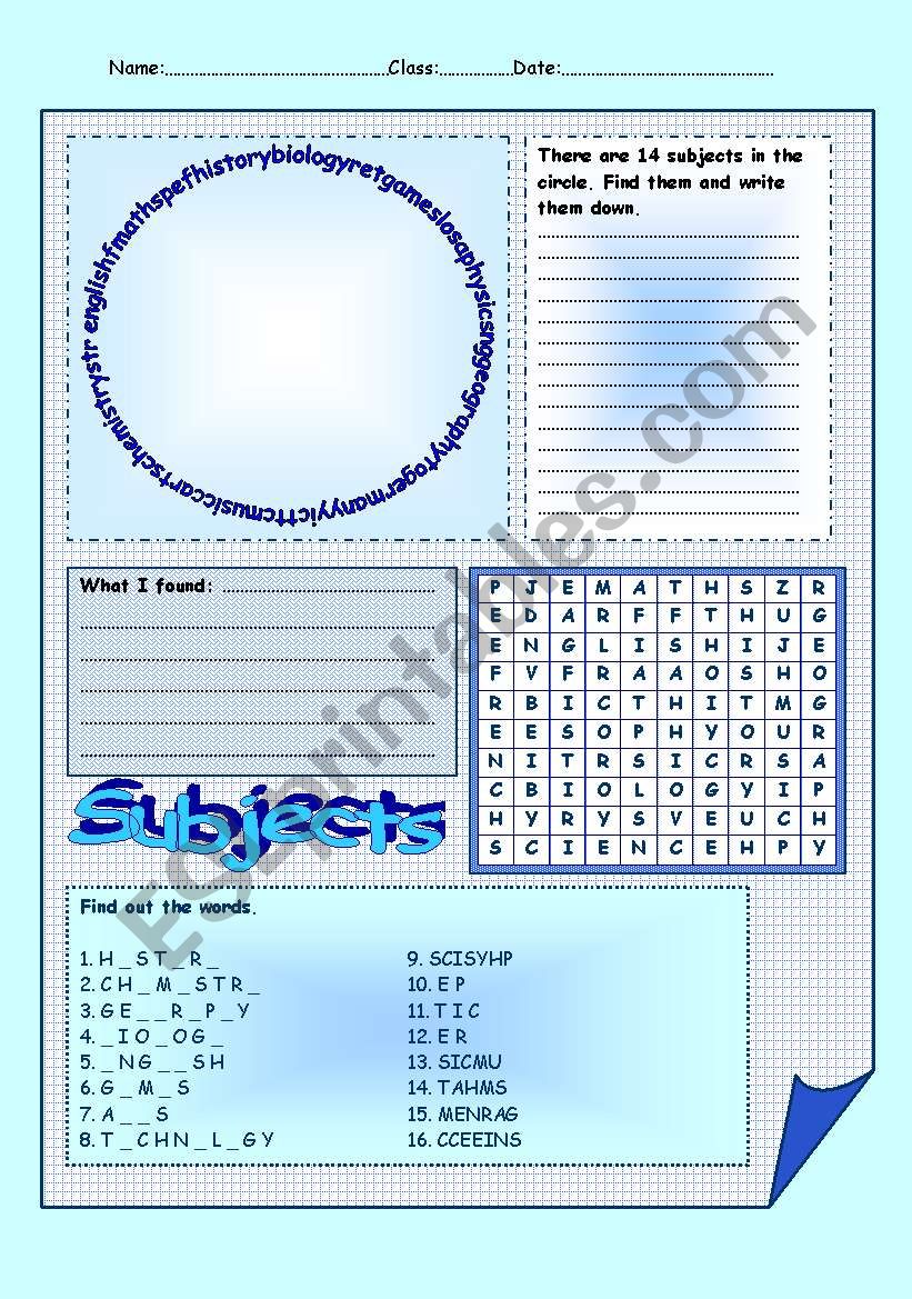 school subjects - Part 2 = 4 puzzles - 2 pages - editable - key included