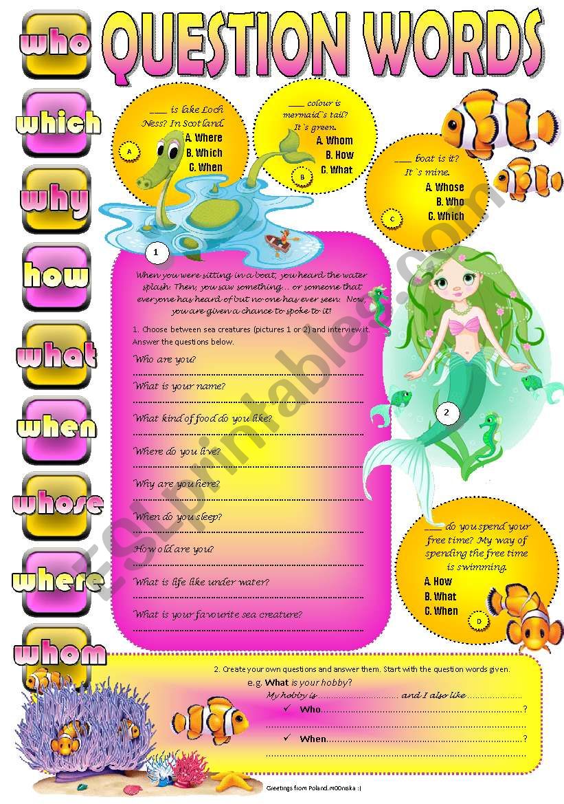 QUESTION WORDS - 4 all lvls SEA LIFE part 2 WORKSHEET