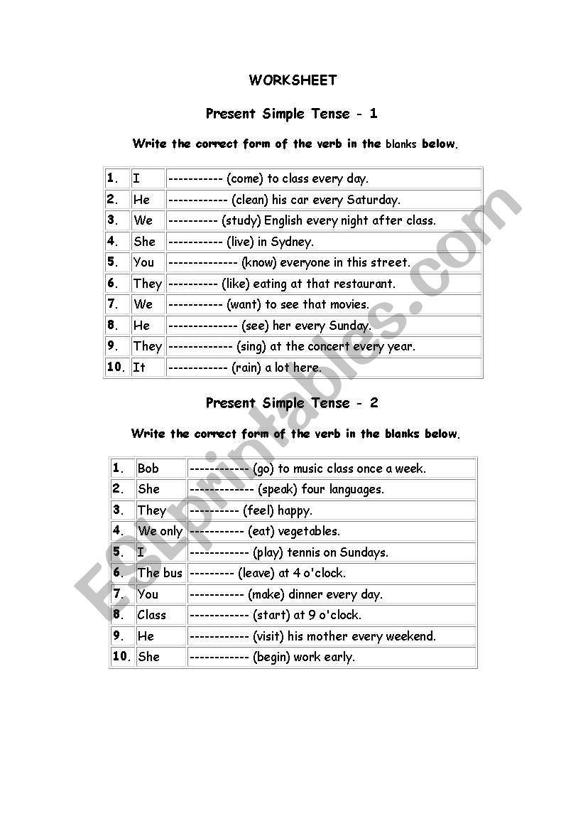 s.present tense worksheet