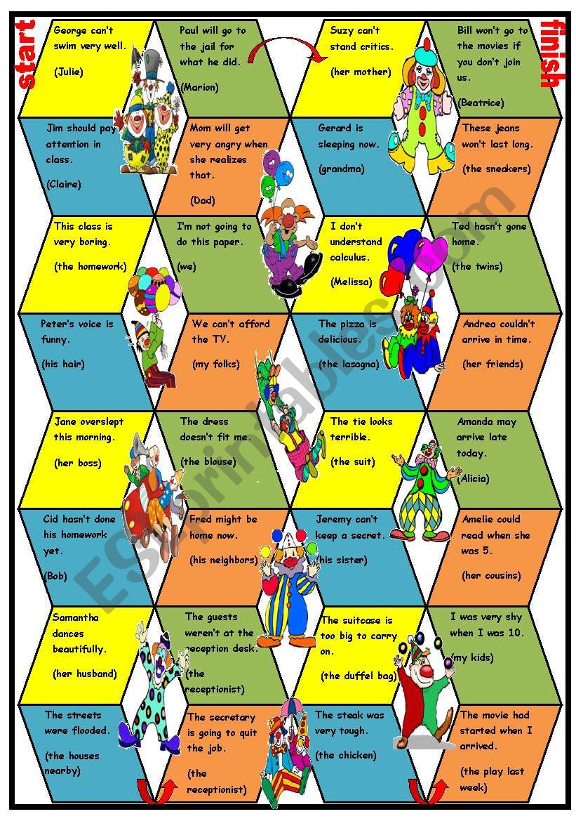 Clowns Boardgame: so / neither + special verb  B&W version  game directions  tokens  3 pages  editable