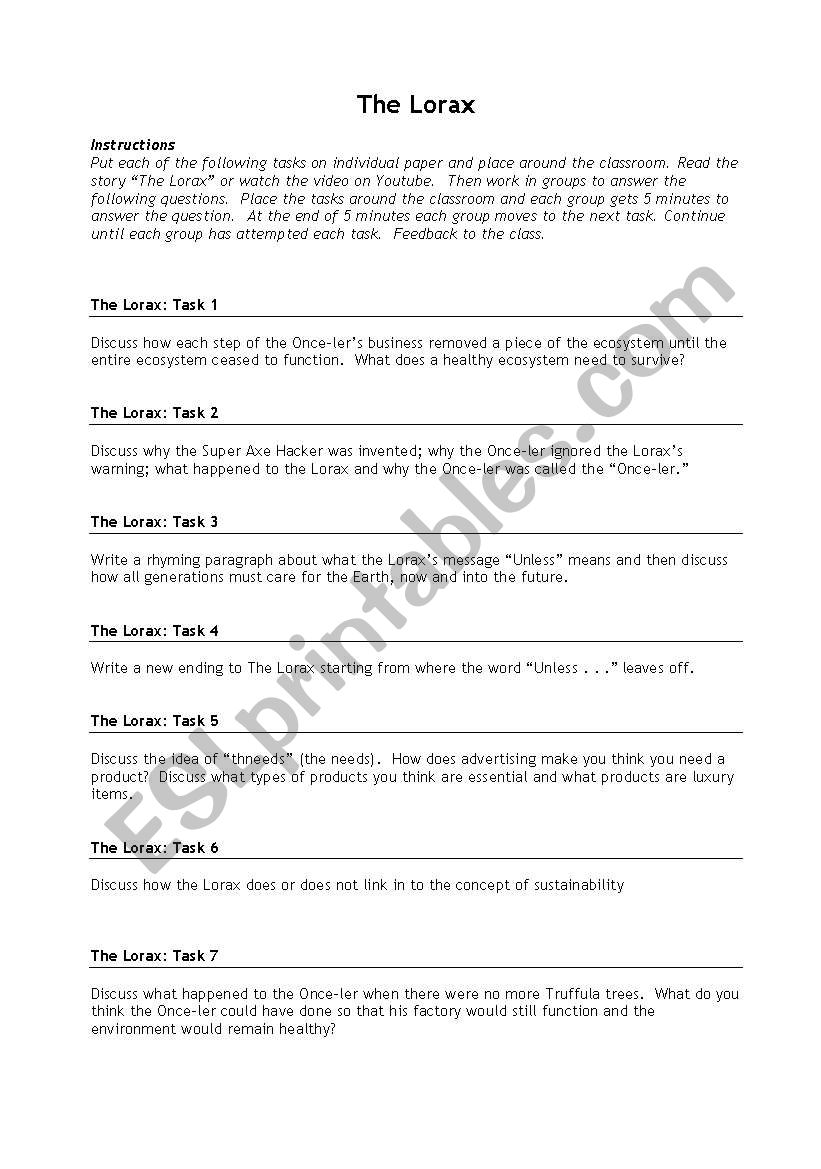 The Lorax Questions worksheet