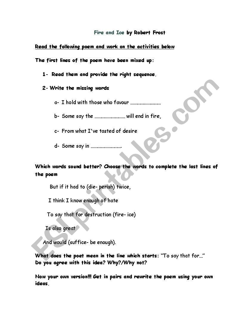 English Worksheets Fire And Ice Poem