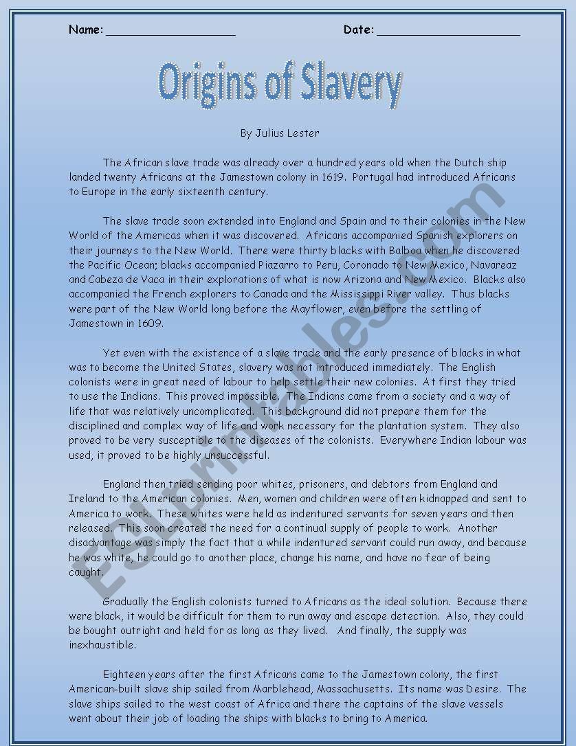 Origins of Slavery worksheet