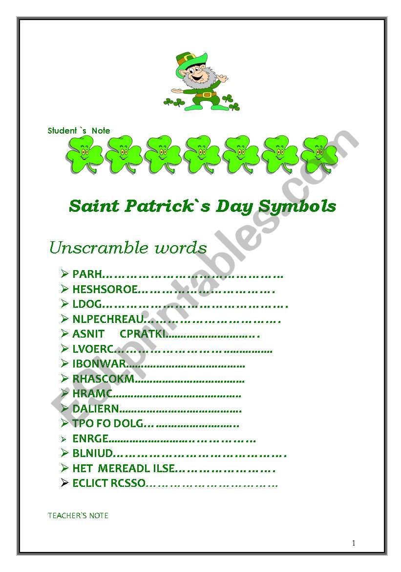 st Patrick s Day  symbols unscramble words 