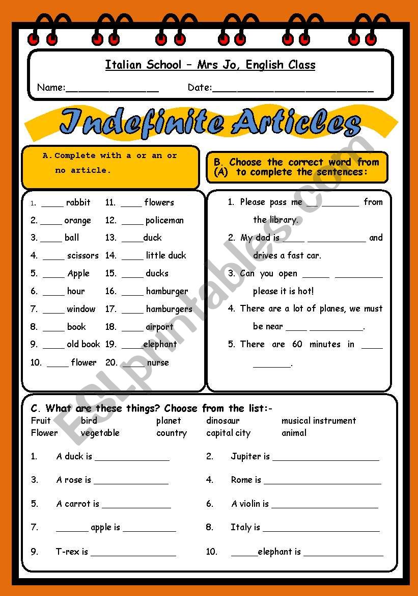 Indefinite Articles worksheet