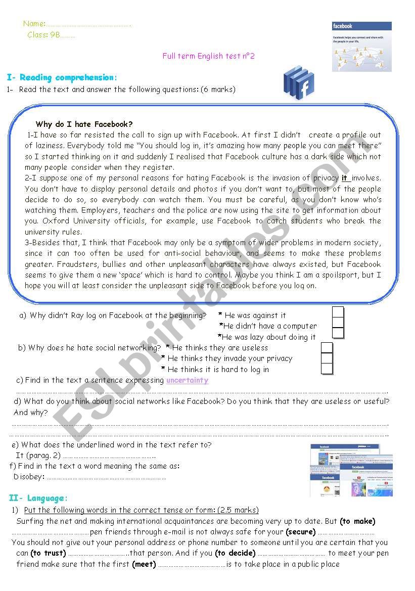 9TH FORM FULL TERM TEST n 2 worksheet