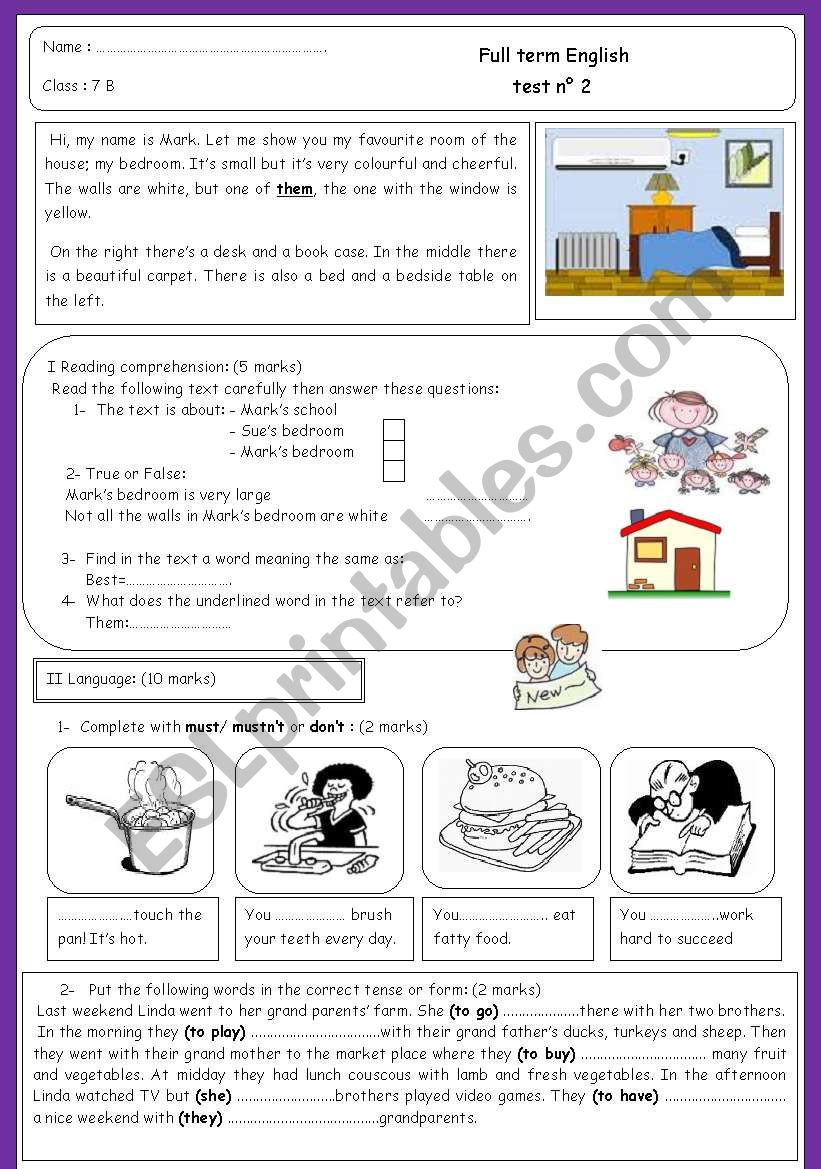 7th form full term test n 2 worksheet