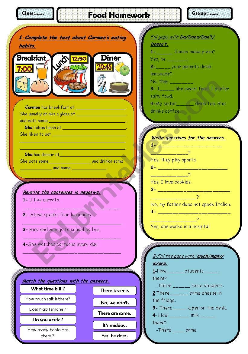 Food homework worksheet