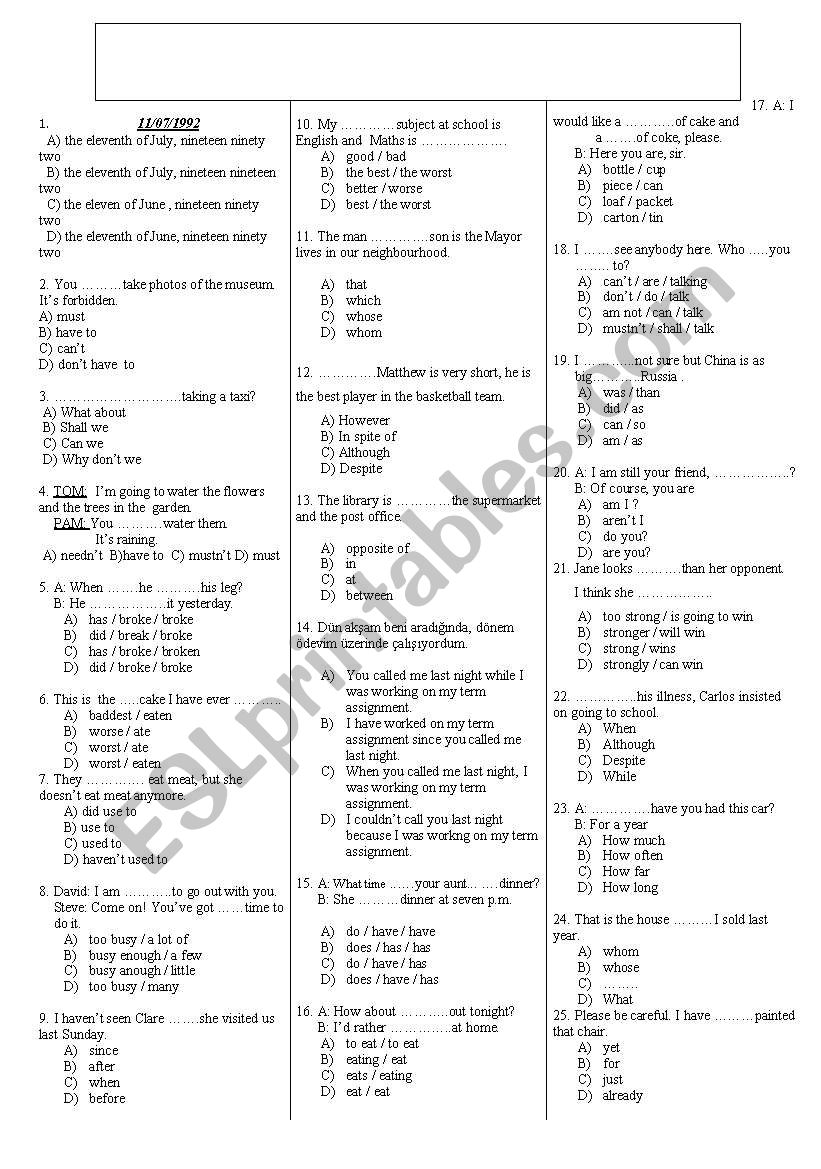 test worksheet