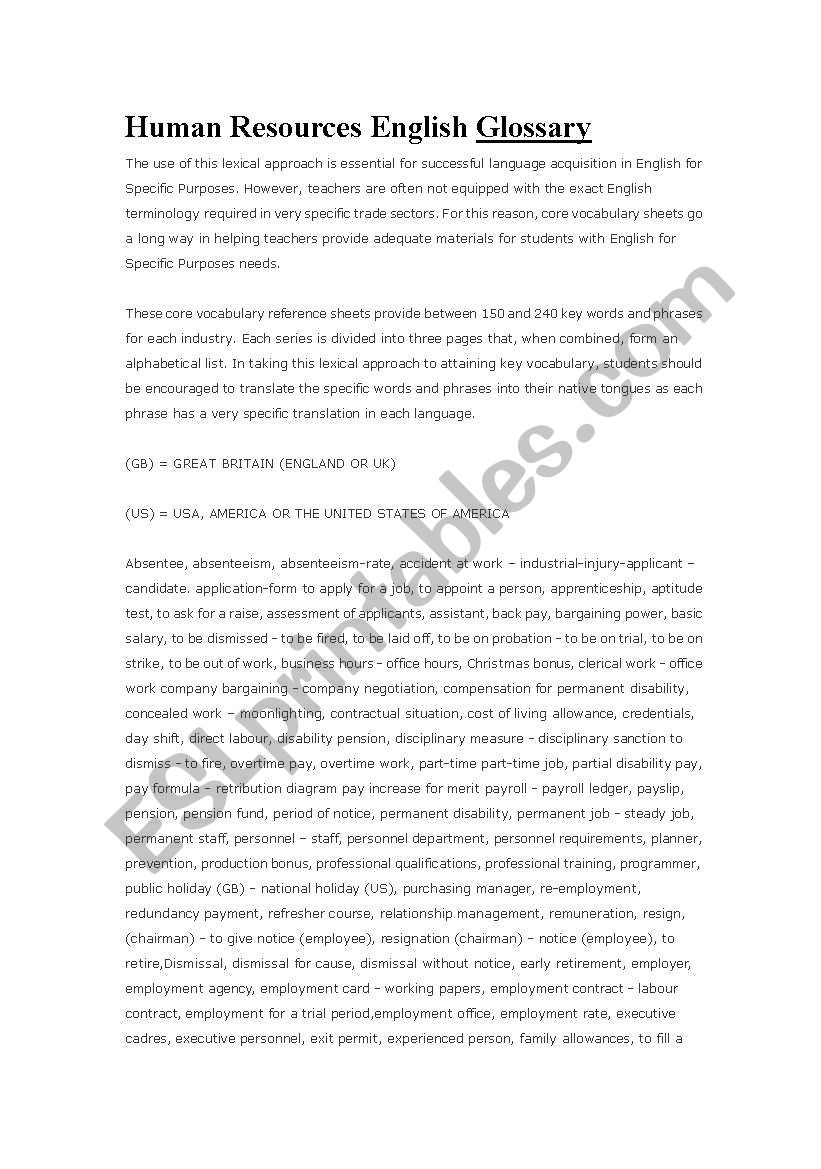 HUMAN RESOURCES ENGLISH GLOSSARY