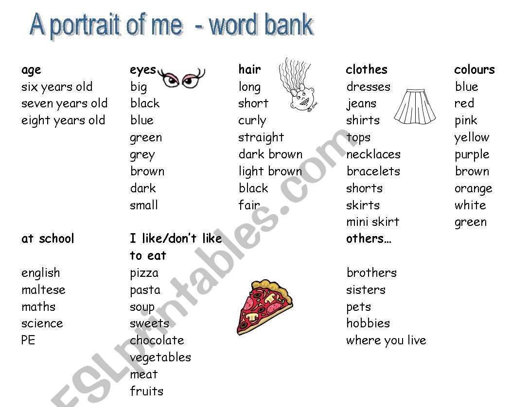A portrait of me - word mat worksheet