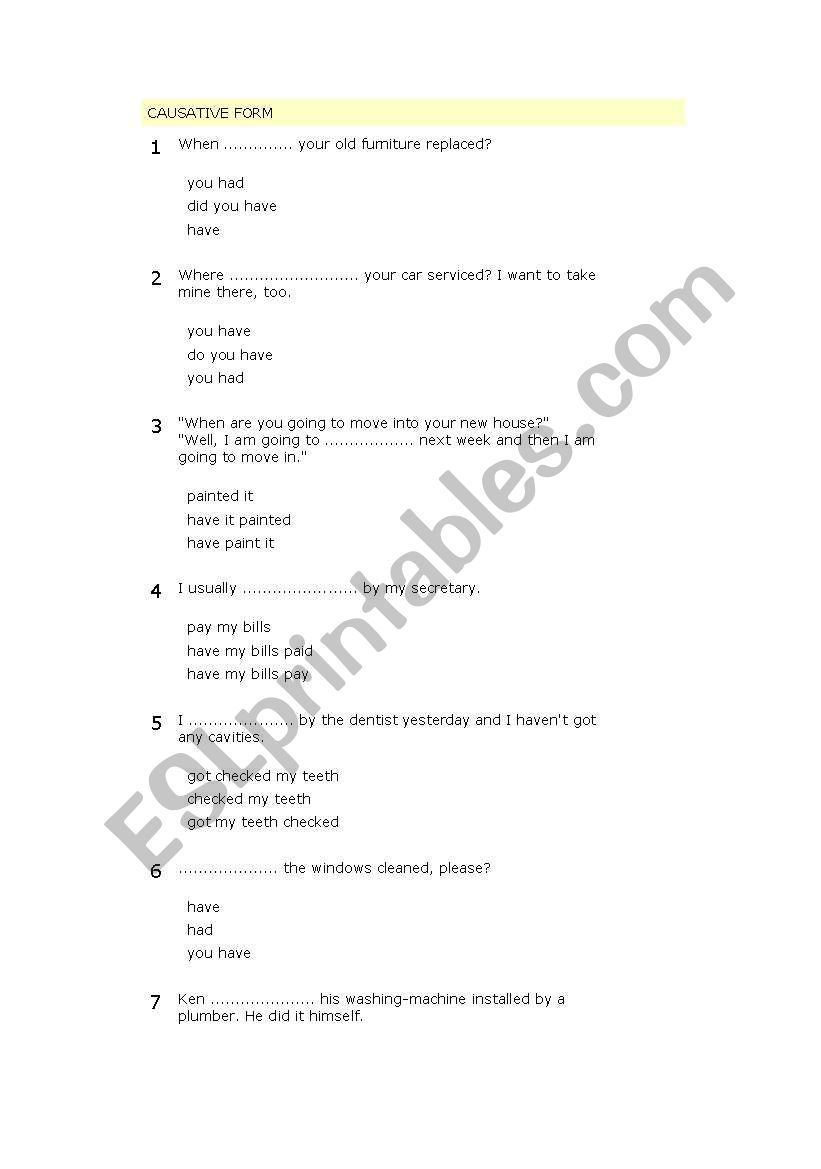 CAUSATIVE FORM worksheet