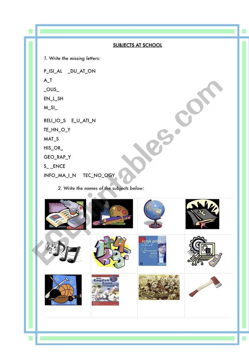 subjects at school worksheet